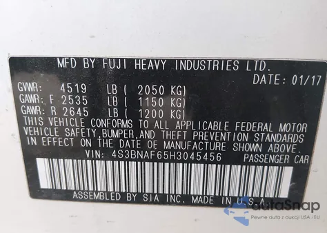 2017 Subaru Legacy 2.5I Premium z USA, uszkodzony, nr VIN 4S3BNAF65H3045456